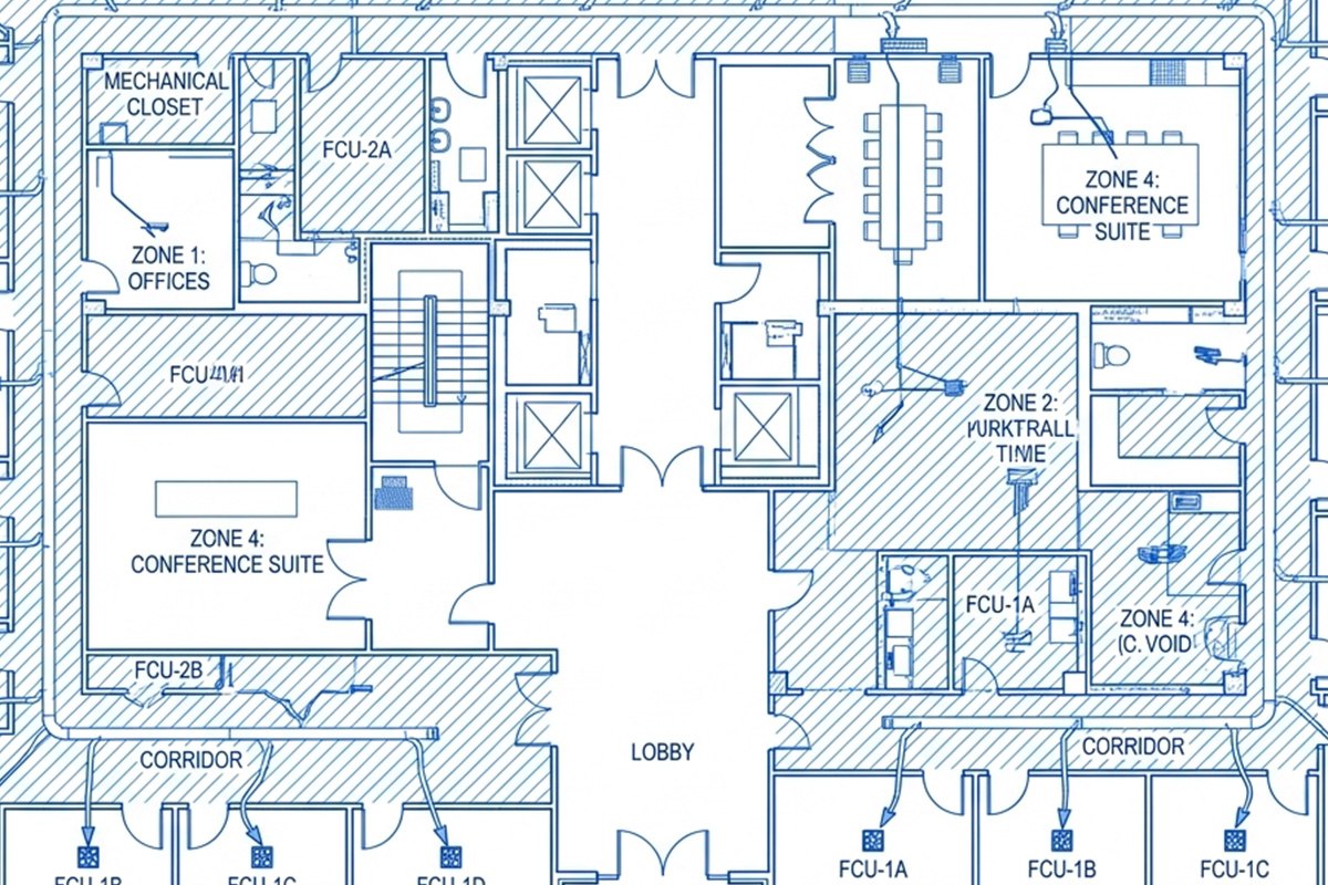 Multi-zone fan coil unit system design layout for a commercial facility in Singapore