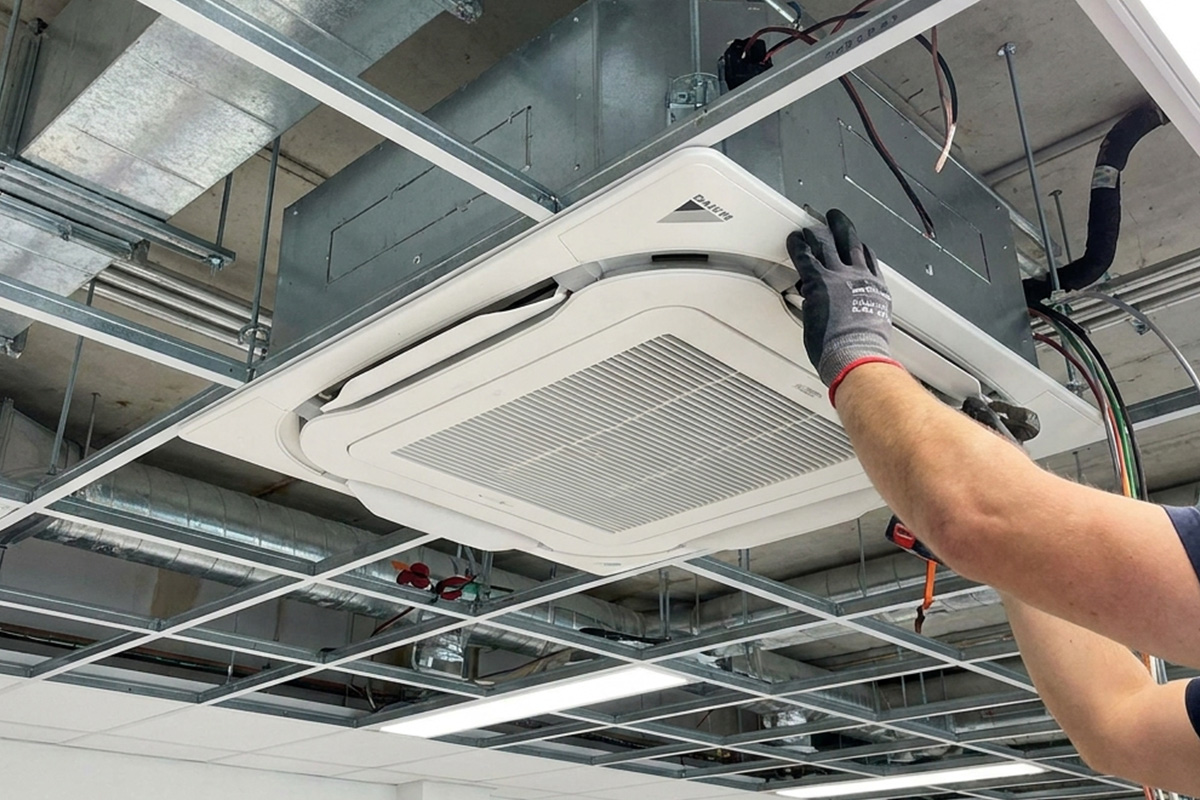 New ceiling cassette fan coil unit installation in a commercial building in Singapore