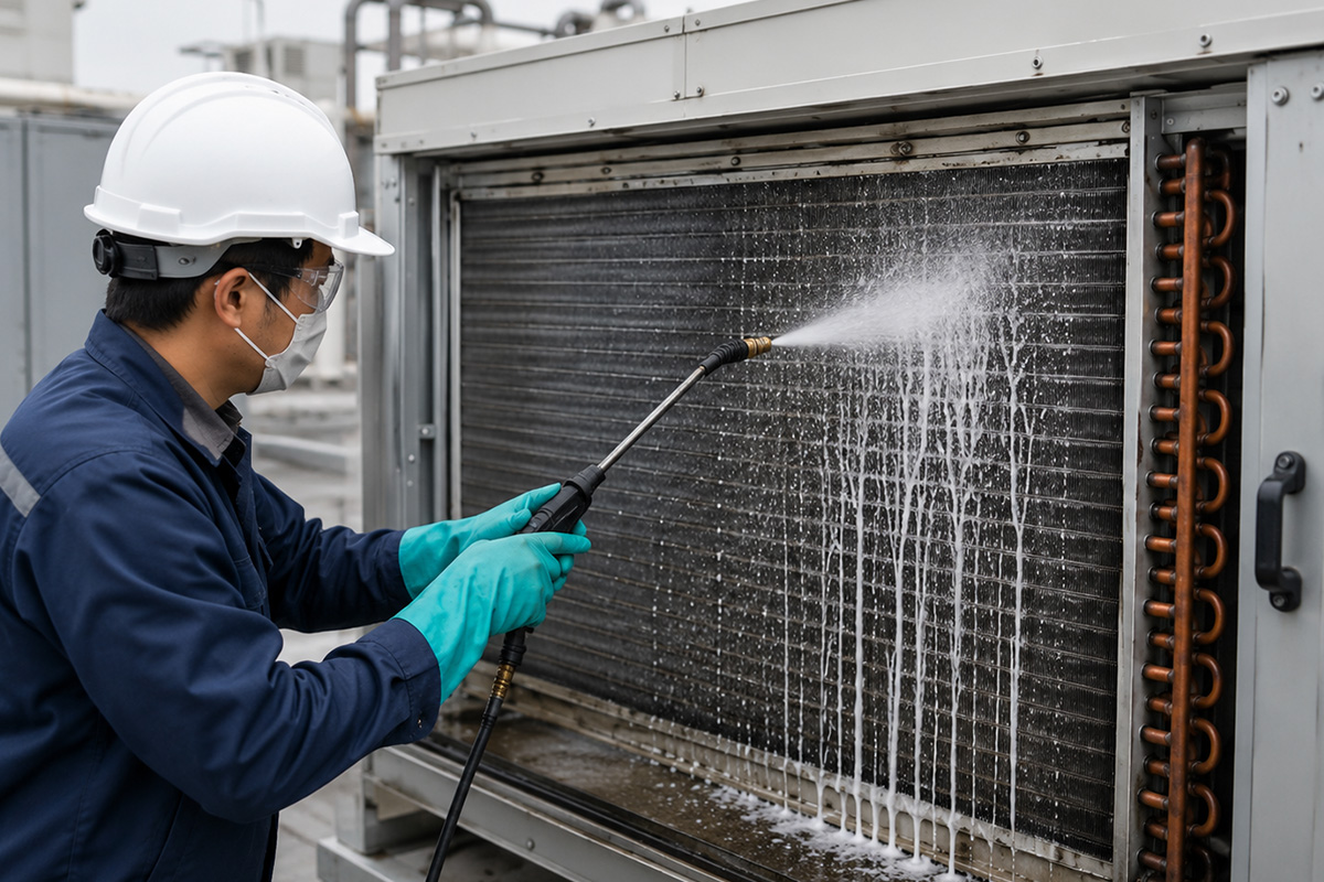 Cooling coil cleaning and chemical wash for an air handling unit in Singapore