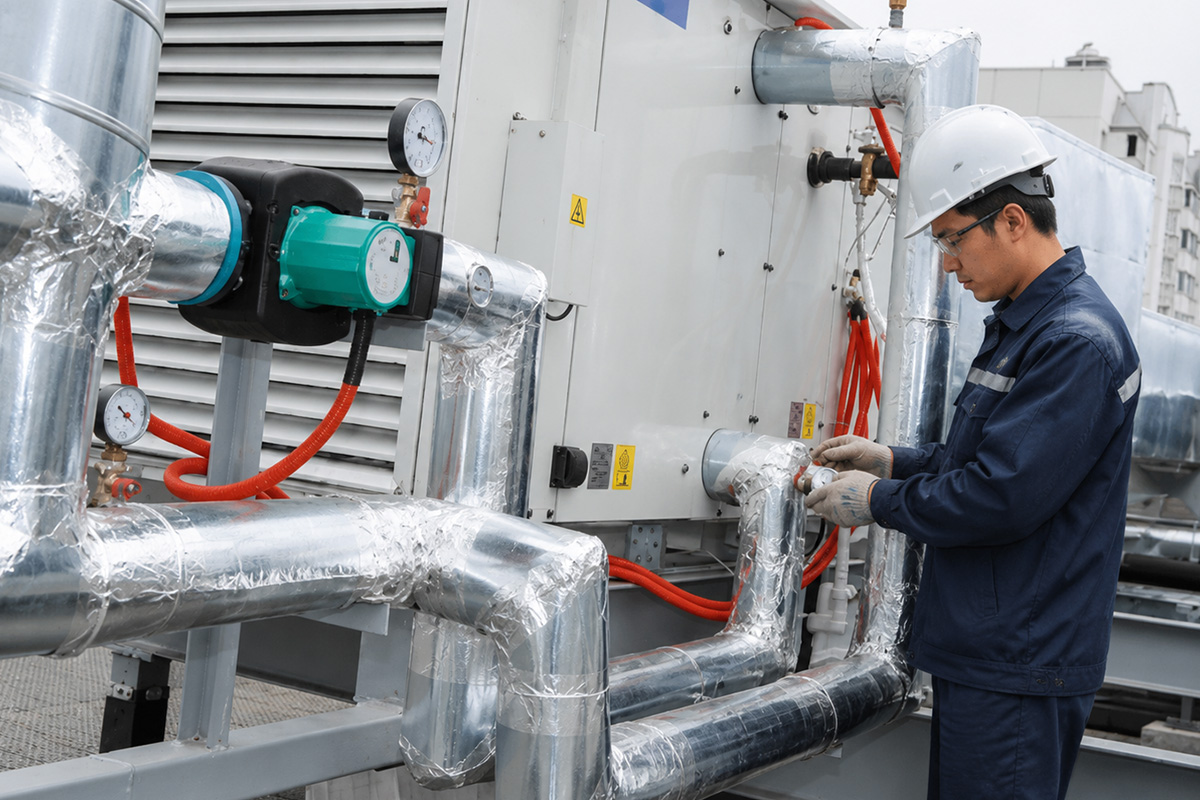 Technician performing preventive maintenance on an air handling unit in Singapore