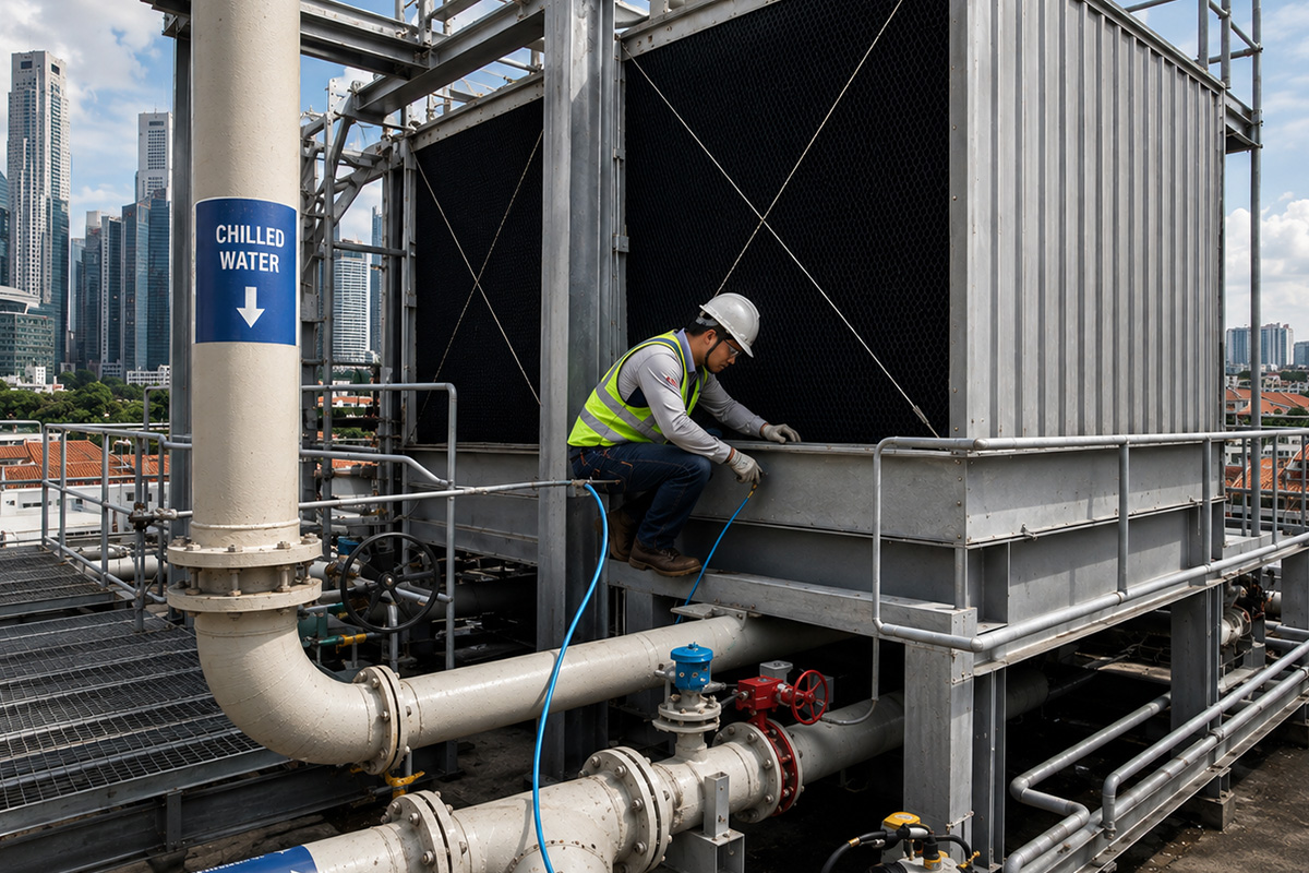 Technician performing a mechanical overhaul of a cooling tower at a commercial building in Singapore