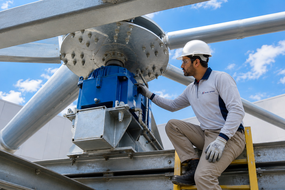 Technician performing preventive maintenance on a cooling tower at a commercial building in Singapore