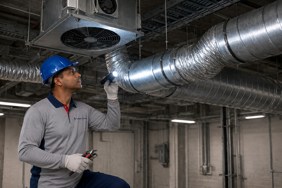 Ductwork and fan connection inspection for air leakage and vibration issues in Singapore facility