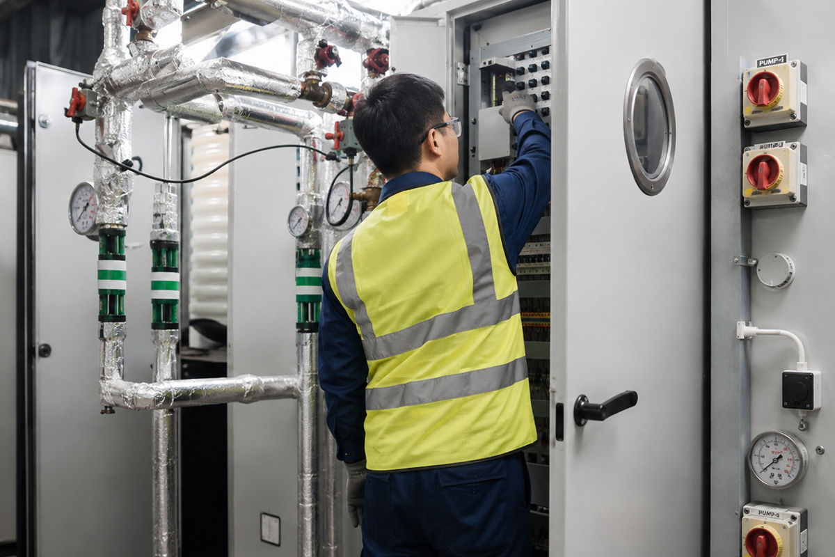 Technician carrying out emergency air handling unit repair in Singapore