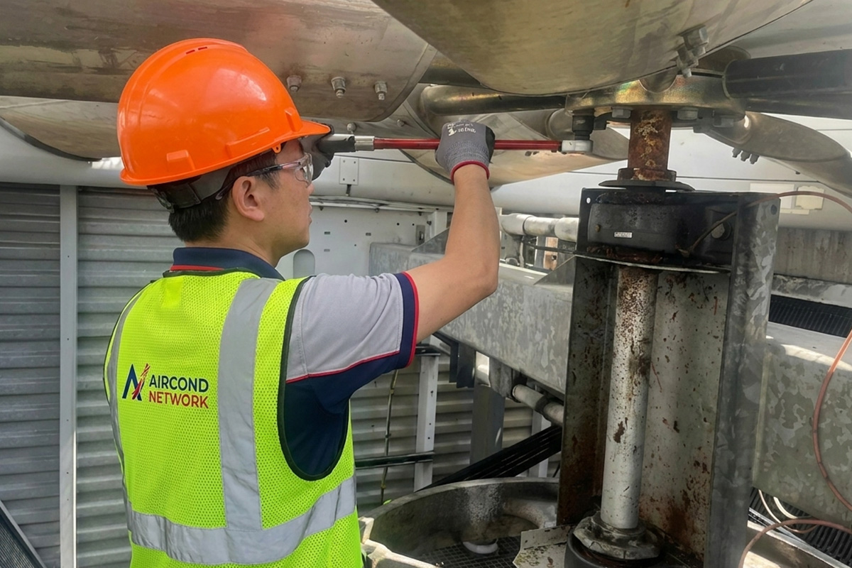 Cooling tower fan unit undergoing emergency repair at a commercial building in Singapore