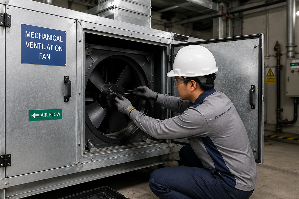Emergency ventilation fan repair technician responding to fan failure in Singapore commercial facility