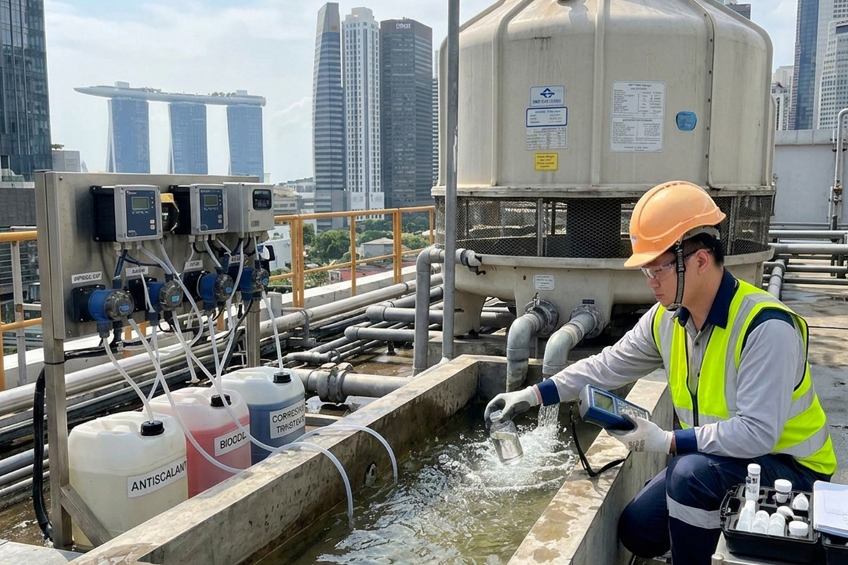 NEA-compliant water treatment service for a cooling tower at a commercial building in Singapore