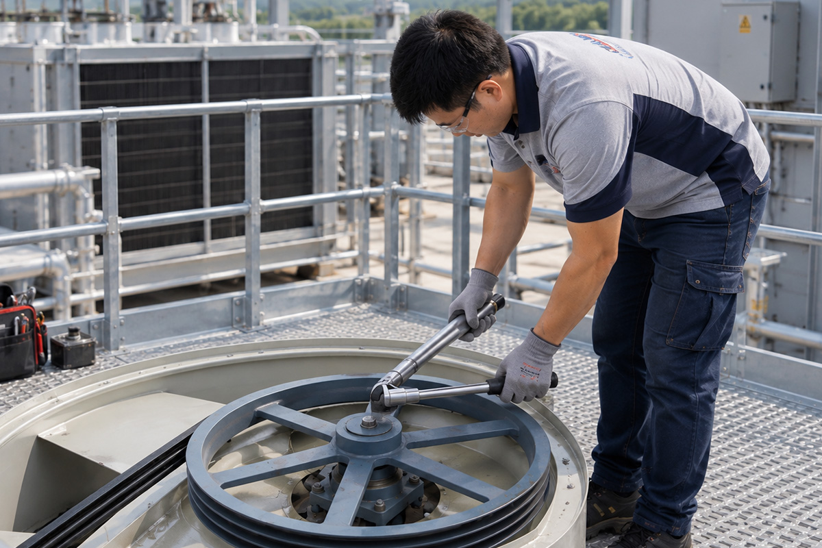 Technician performing diagnostics and troubleshooting on a cooling tower at a commercial building in Singapore
