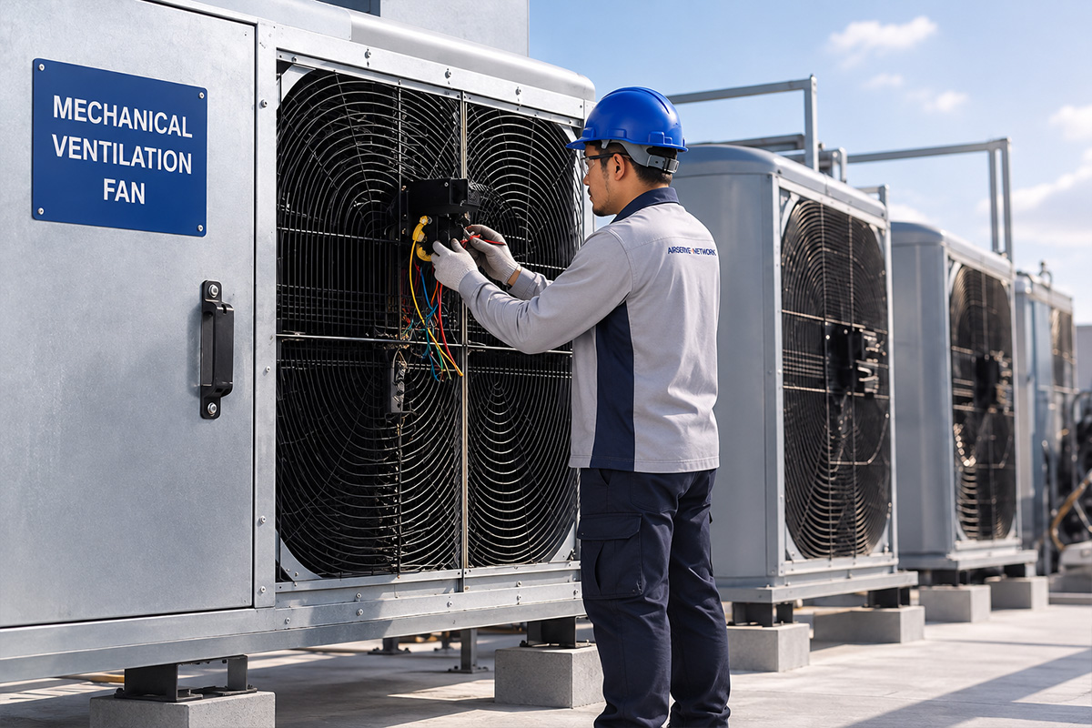 Technician performing preventive ventilation fan maintenance including bearing and belt inspection in Singapore