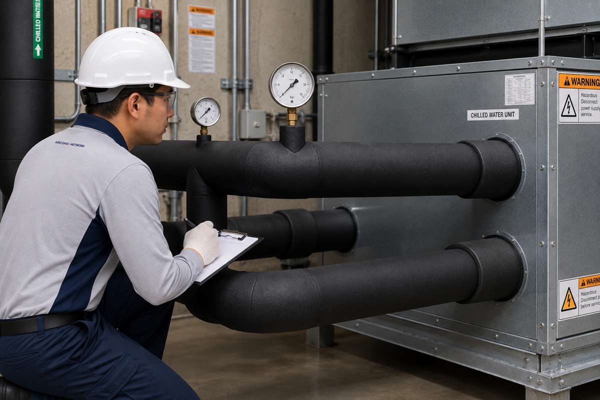 Chilled water fan coil unit pipework installation in a Singapore commercial building